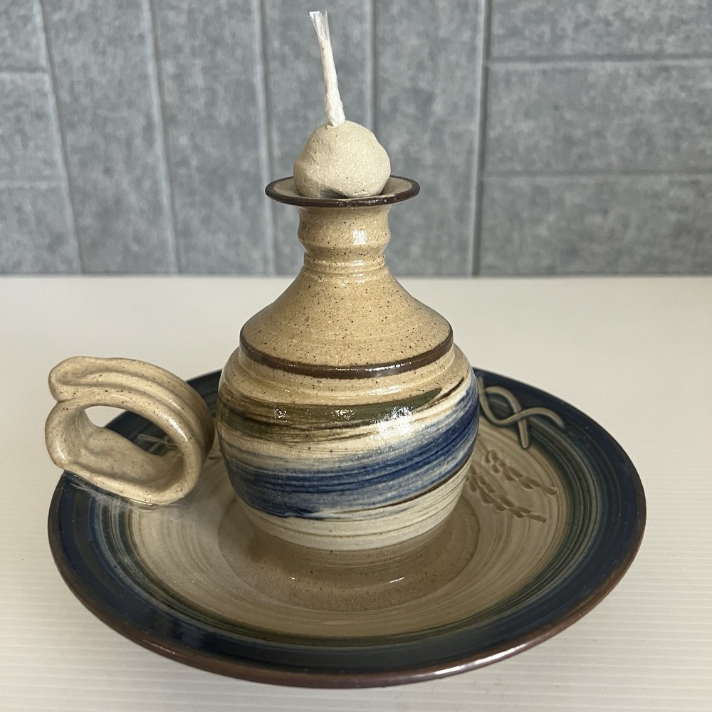 Vintage Studio Art Pottery Oil Lamp With Wick & Ball Candle Holder Signed
